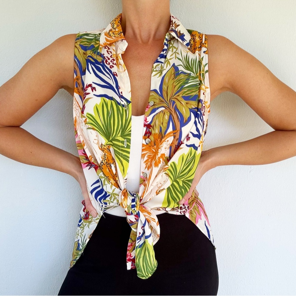 Rose + Olive colorful tropical jungle safari big cat print sleeveless blouse XS